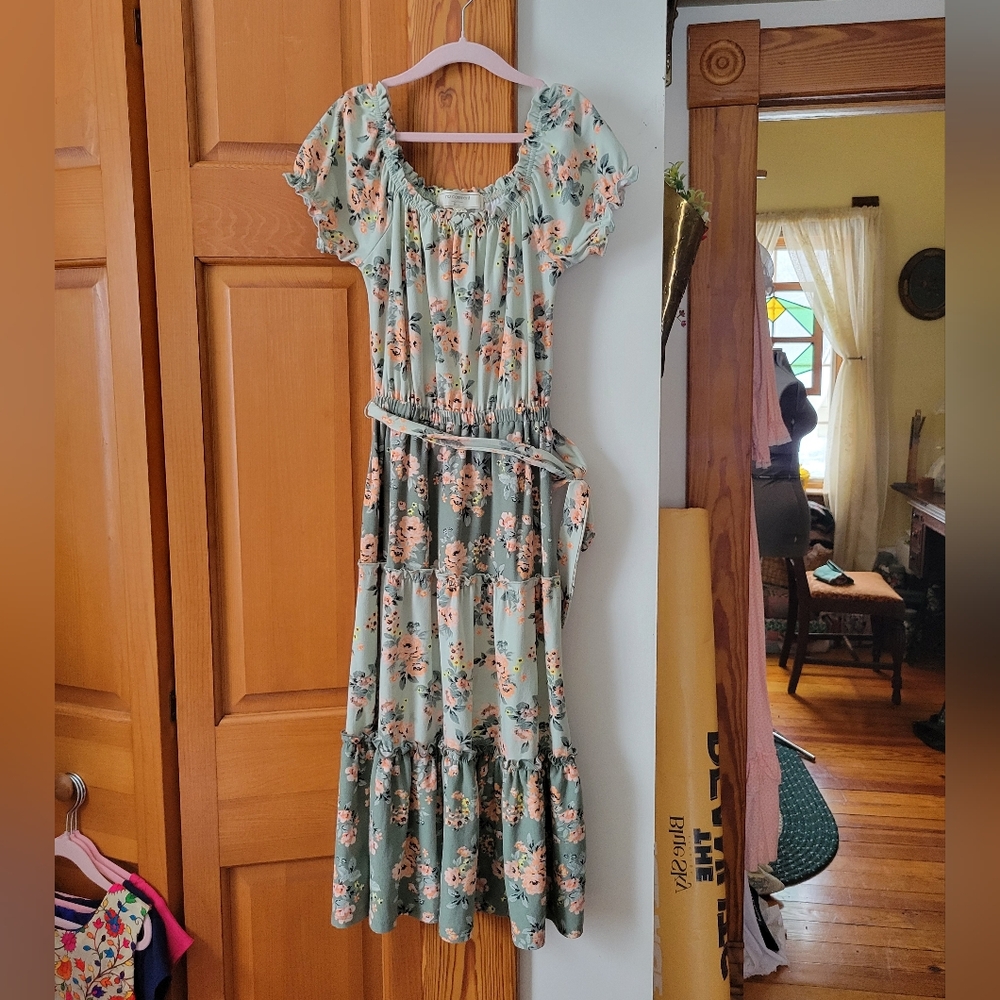 Girls Floral Tiered Colorblock Maxi Dress in Sage Green Mint And Peach Coral 7/8
